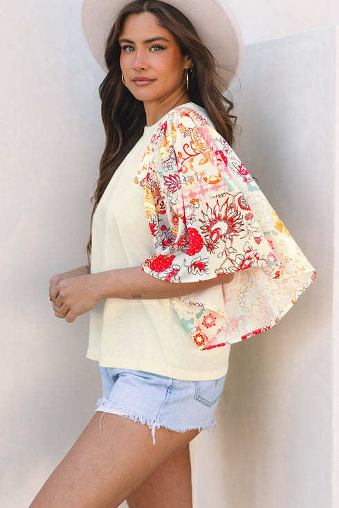 Relaxed Fit Floral Patchwork Half Batwing Sleeve Blouse