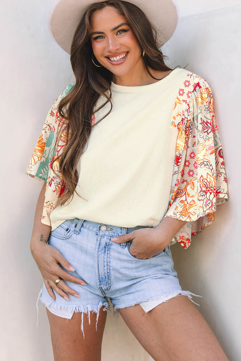Relaxed Fit Floral Patchwork Half Batwing Sleeve Blouse