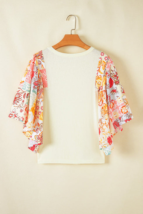 Relaxed Fit Floral Patchwork Half Batwing Sleeve Blouse