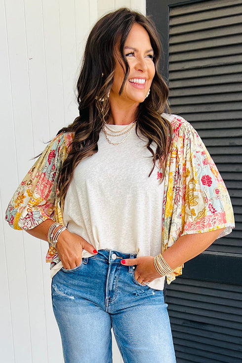 Relaxed Fit Floral Patchwork Half Batwing Sleeve Blouse