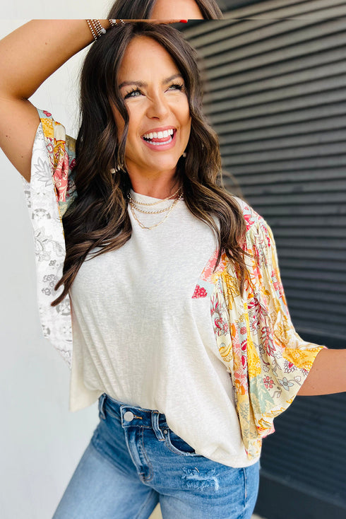 Relaxed Fit Floral Patchwork Half Batwing Sleeve Blouse