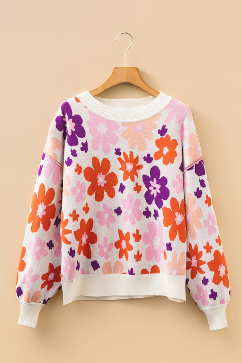 Relaxed Fit Floral Pattern Drop Shoulder Knit Sweater