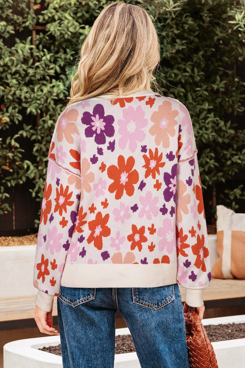 Relaxed Fit Floral Pattern Drop Shoulder Knit Sweater