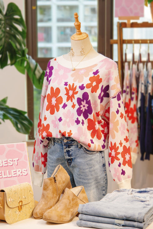 Relaxed Fit Floral Pattern Drop Shoulder Knit Sweater