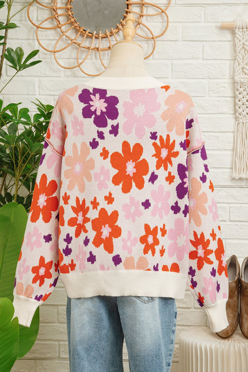 Relaxed Fit Floral Pattern Drop Shoulder Knit Sweater