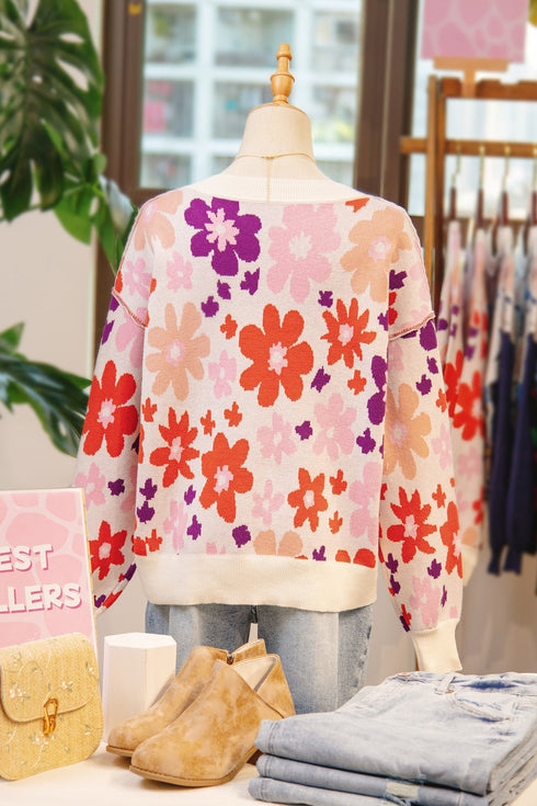 Relaxed Fit Floral Pattern Drop Shoulder Knit Sweater