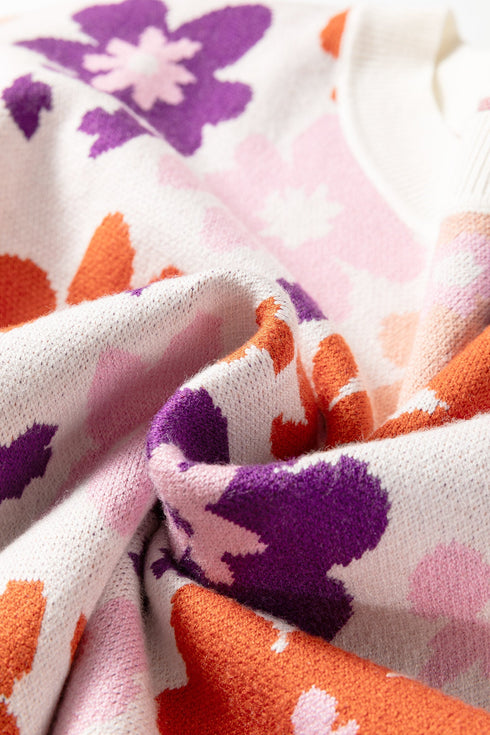 Relaxed Fit Floral Pattern Drop Shoulder Knit Sweater