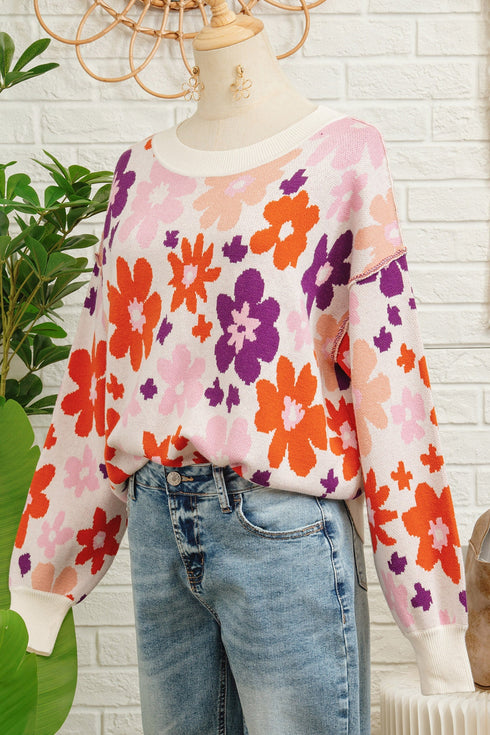 Relaxed Fit Floral Pattern Drop Shoulder Knit Sweater