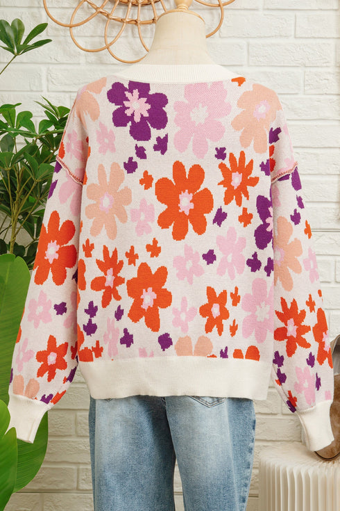 Relaxed Fit Floral Pattern Drop Shoulder Knit Sweater