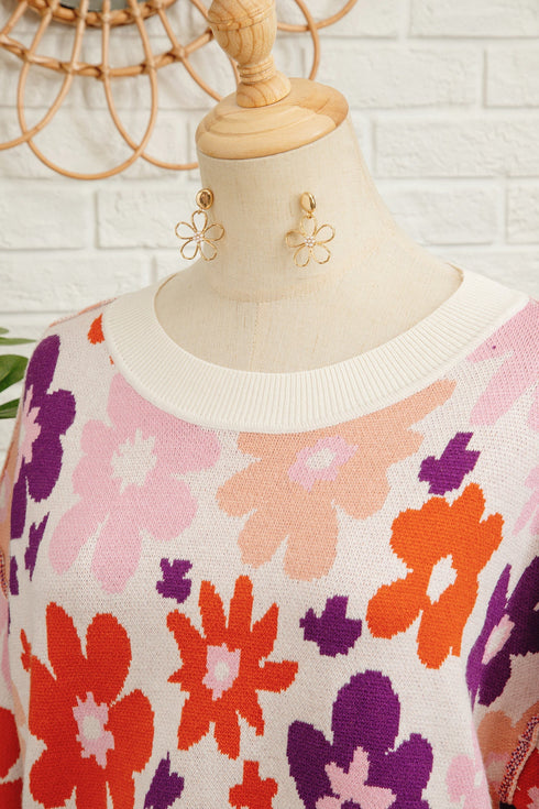 Relaxed Fit Floral Pattern Drop Shoulder Knit Sweater