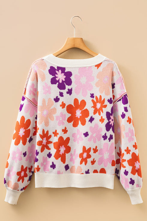 Relaxed Fit Floral Pattern Drop Shoulder Knit Sweater