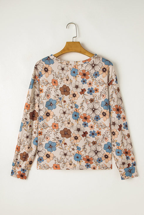Relaxed Fit Floral Pattern Long Sleeve Crew Neck Top