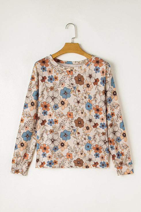 Relaxed Fit Floral Pattern Long Sleeve Crew Neck Top