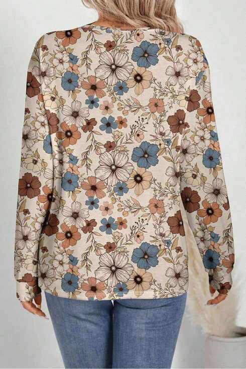 Relaxed Fit Floral Pattern Long Sleeve Crew Neck Top