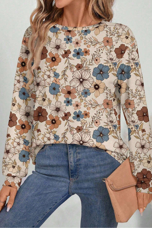 Relaxed Fit Floral Pattern Long Sleeve Crew Neck Top