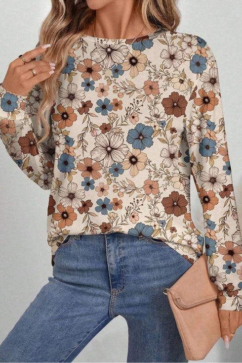 Relaxed Fit Floral Pattern Long Sleeve Crew Neck Top