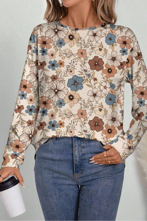 Relaxed Fit Floral Pattern Long Sleeve Crew Neck Top