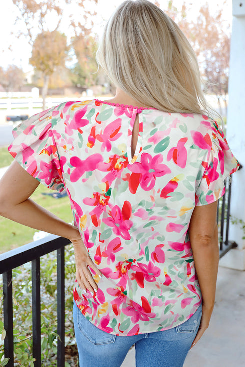 Relaxed Fit Floral Print Flutter Sleeve Woven Blouse