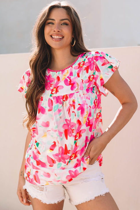 Relaxed Fit Floral Print Flutter Sleeve Woven Blouse