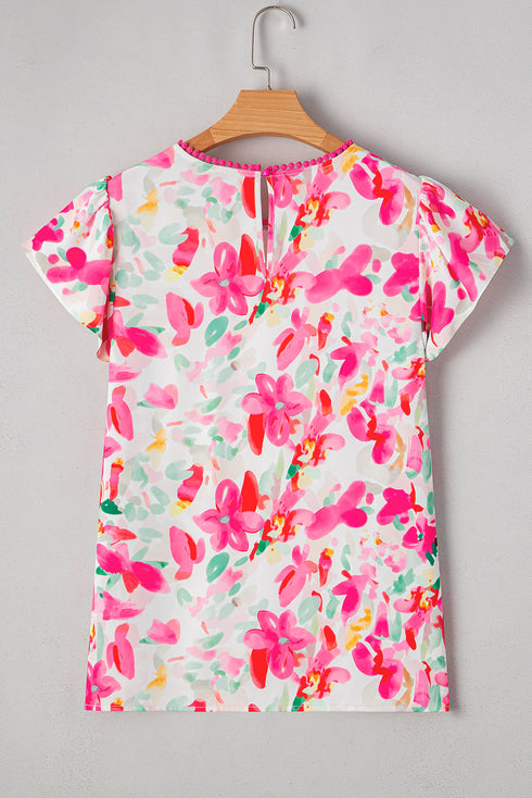 Relaxed Fit Floral Print Flutter Sleeve Woven Blouse