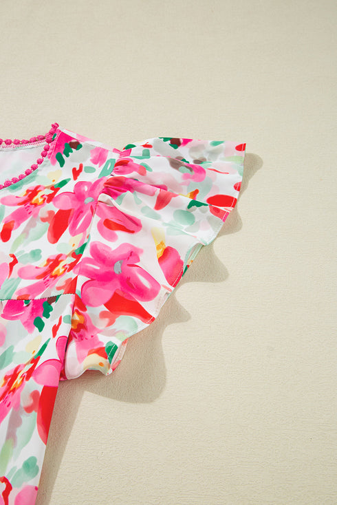 Relaxed Fit Floral Print Flutter Sleeve Woven Blouse