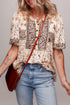 Relaxed Fit Floral Print Half Placket Short Sleeve Blouse