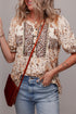 Relaxed Fit Floral Print Half Placket Short Sleeve Blouse