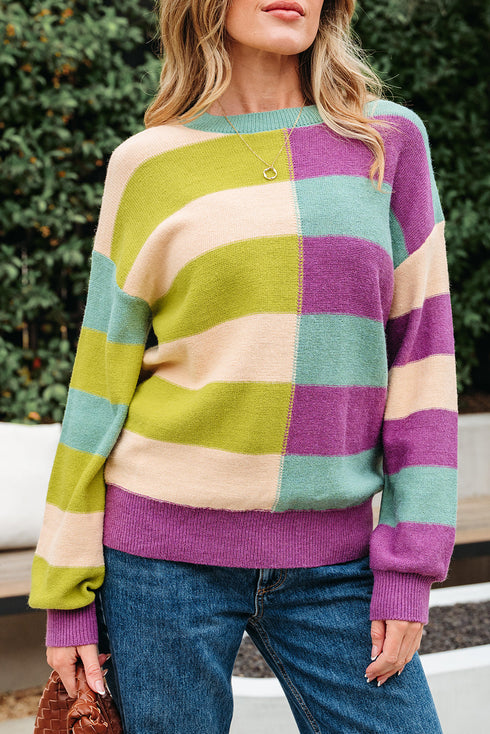 Relaxed Fit Geometric Block Stripe Crew Neck Sweater