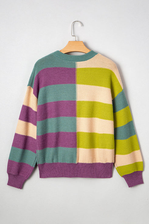 Relaxed Fit Geometric Block Stripe Crew Neck Sweater