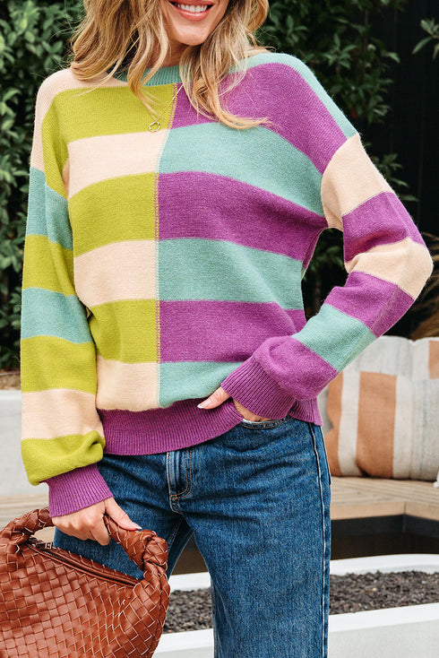 Relaxed Fit Geometric Block Stripe Crew Neck Sweater