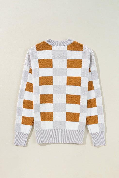 Relaxed Fit Geometric Checkered Crew Neck Pullover Sweater