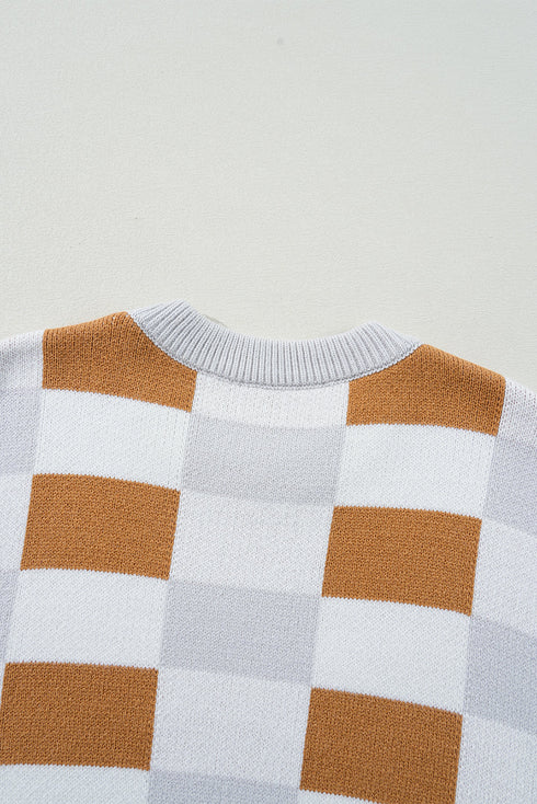 Relaxed Fit Geometric Checkered Crew Neck Pullover Sweater