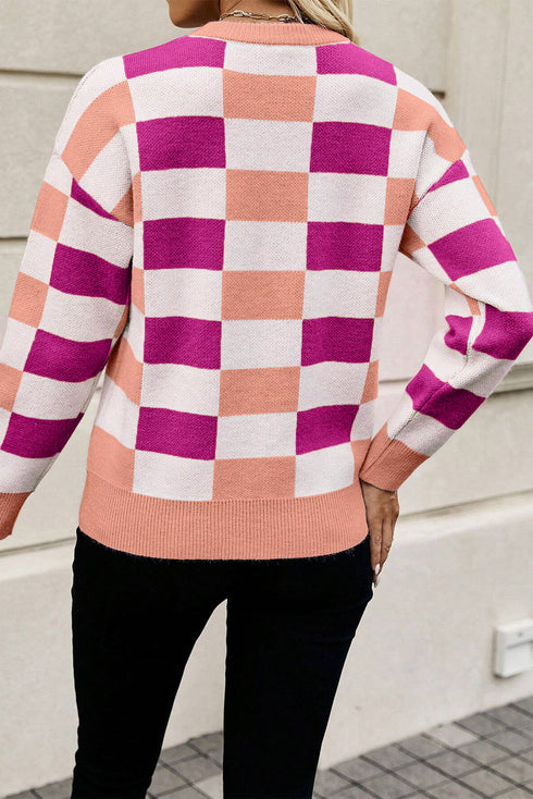 Relaxed Fit Geometric Checkered Crew Neck Pullover Sweater