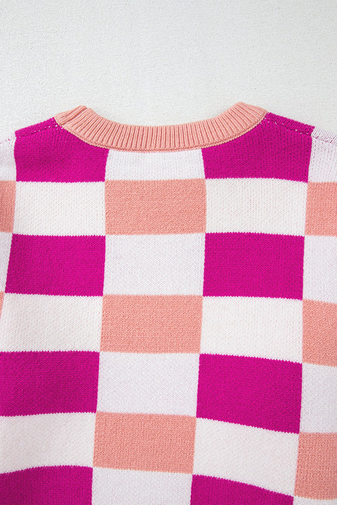 Relaxed Fit Geometric Checkered Crew Neck Pullover Sweater