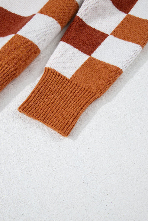 Relaxed Fit Geometric Checkered Crew Neck Pullover Sweater