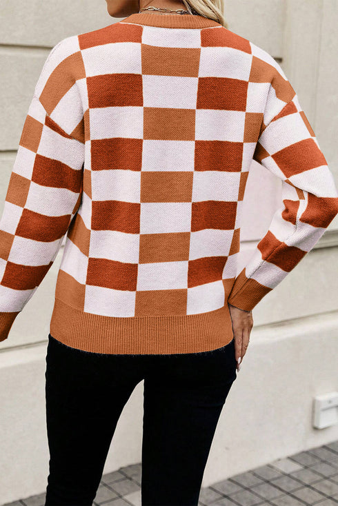 Relaxed Fit Geometric Checkered Crew Neck Pullover Sweater