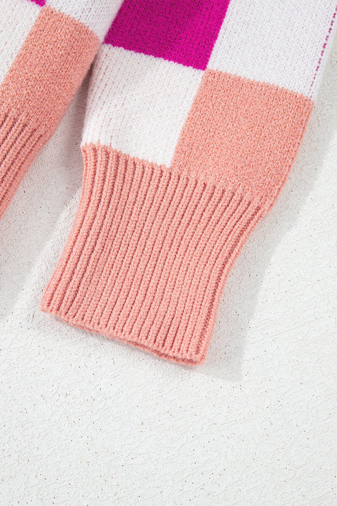 Relaxed Fit Geometric Checkered Crew Neck Pullover Sweater