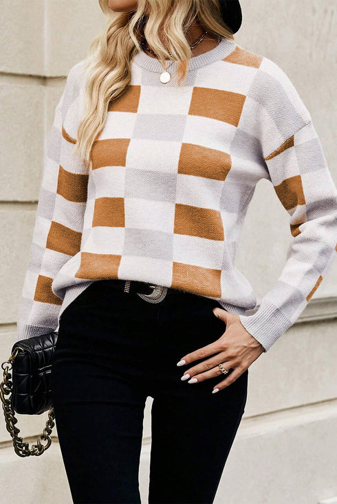Relaxed Fit Geometric Checkered Crew Neck Pullover Sweater