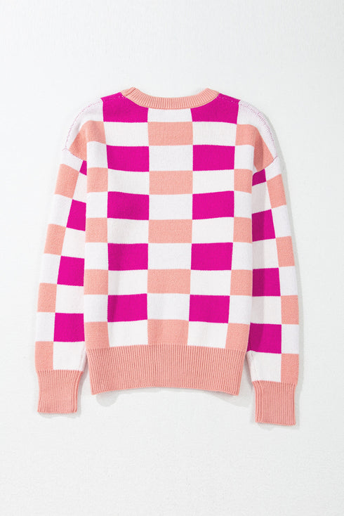 Relaxed Fit Geometric Checkered Crew Neck Pullover Sweater