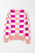 Relaxed Fit Geometric Checkered Crew Neck Pullover Sweater