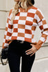 Relaxed Fit Geometric Checkered Crew Neck Pullover Sweater