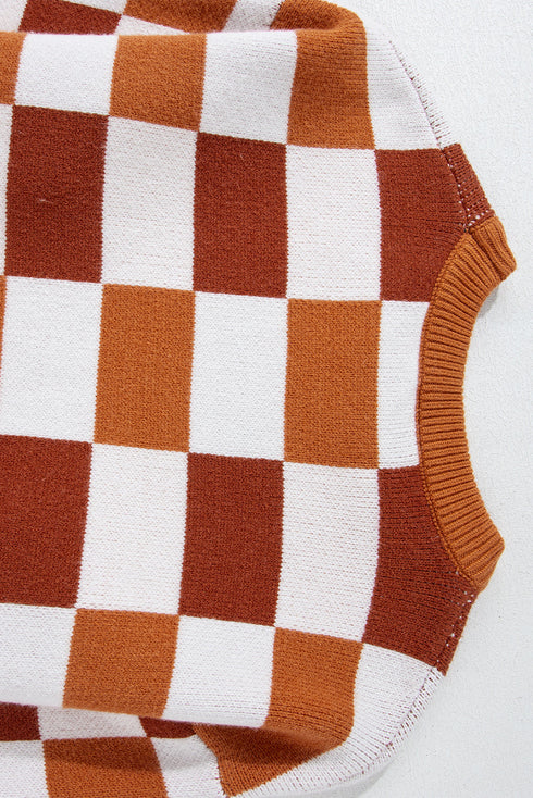 Relaxed Fit Geometric Checkered Crew Neck Pullover Sweater
