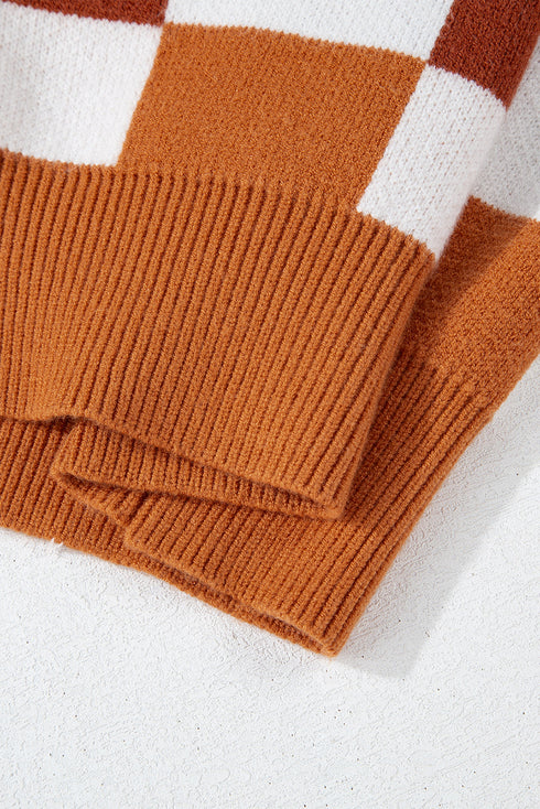 Relaxed Fit Geometric Checkered Crew Neck Pullover Sweater