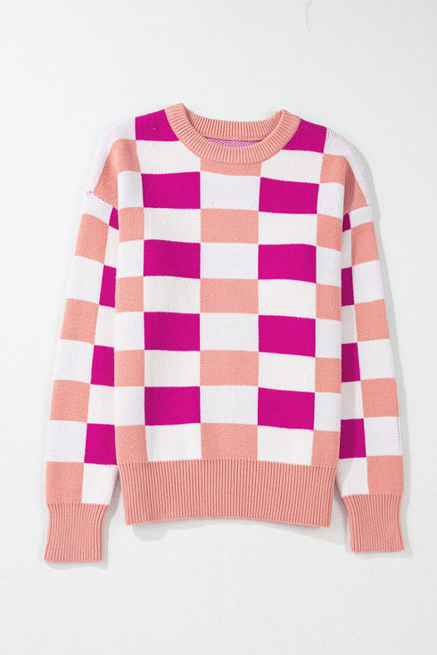 Relaxed Fit Geometric Checkered Crew Neck Pullover Sweater