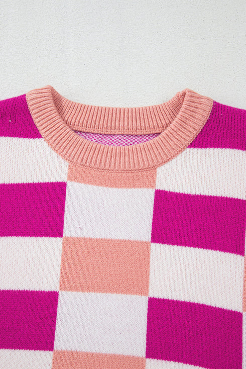Relaxed Fit Geometric Checkered Crew Neck Pullover Sweater