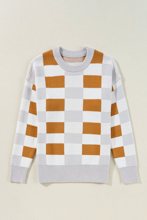 Relaxed Fit Geometric Checkered Crew Neck Pullover Sweater