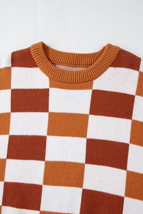 Relaxed Fit Geometric Checkered Crew Neck Pullover Sweater