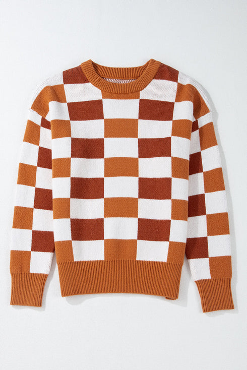 Relaxed Fit Geometric Checkered Crew Neck Pullover Sweater
