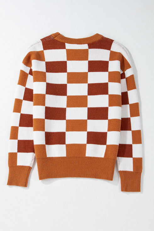 Relaxed Fit Geometric Checkered Crew Neck Pullover Sweater