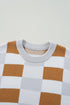 Relaxed Fit Geometric Checkered Crew Neck Pullover Sweater